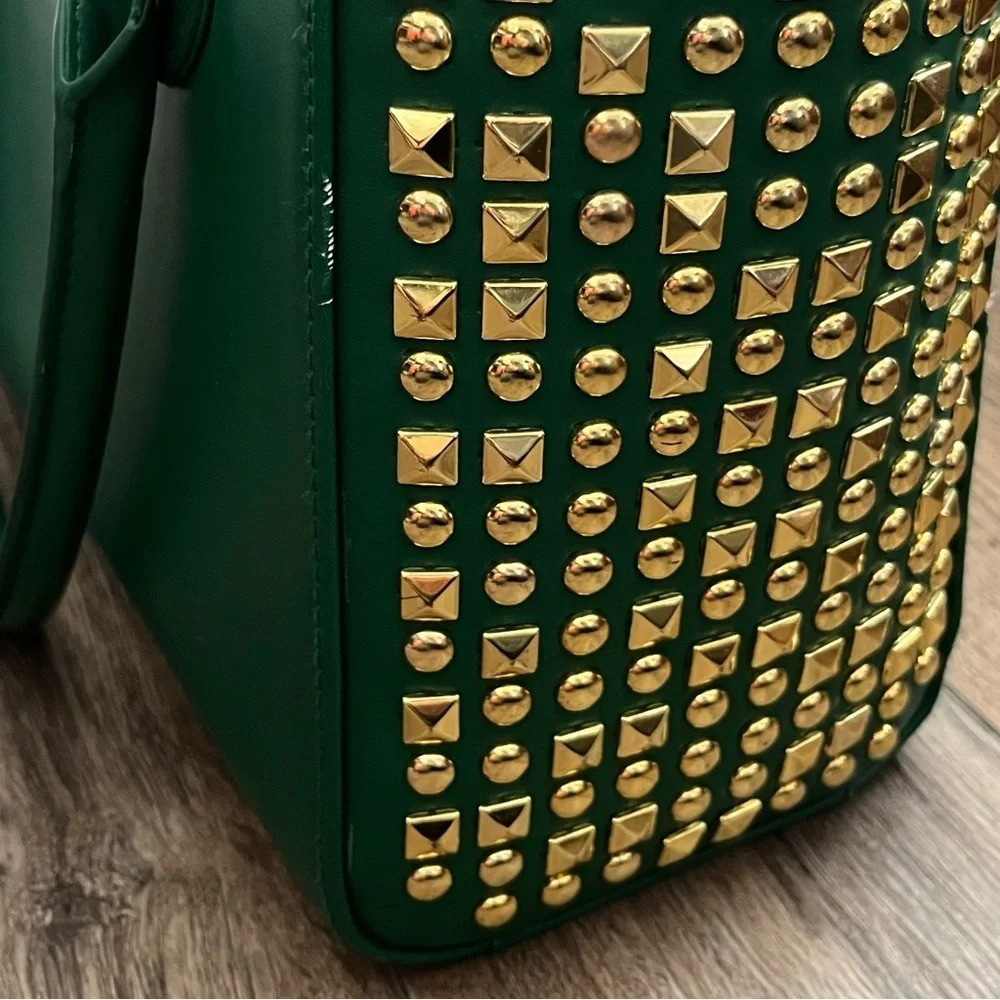 IMAN Faux Leather Purse Tote Handbag Green Gold Studded Designer Luxury Classic - Picture 6 of 12